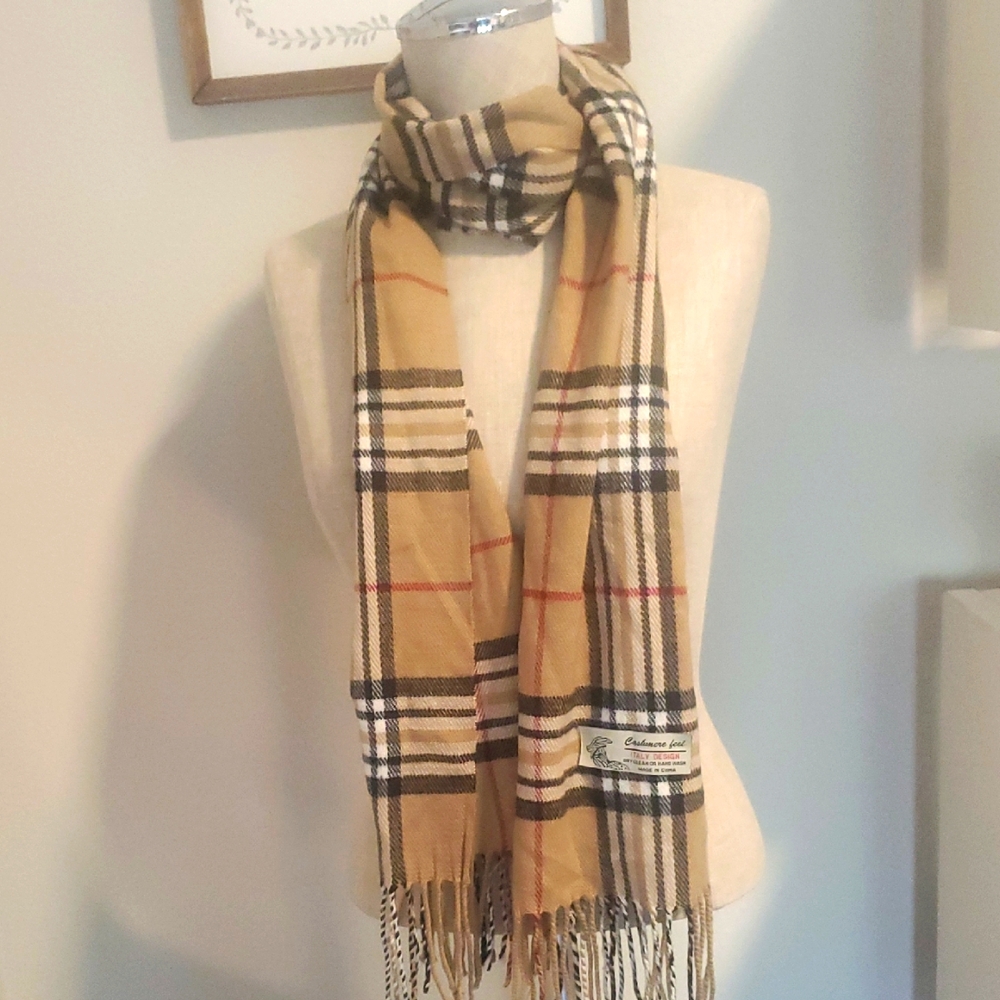 Cashmere Feel Italy Desing Beige and Black Checkered Scarf